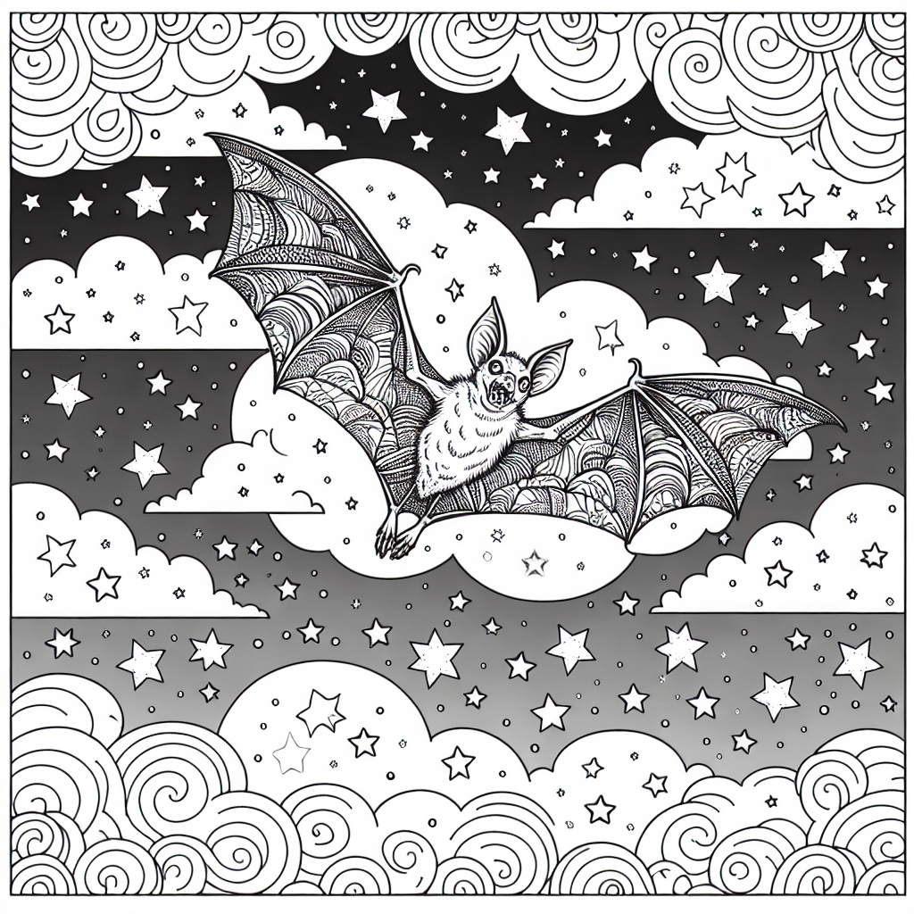 A black and white coloring page image of a Bat flying under a starry night sky