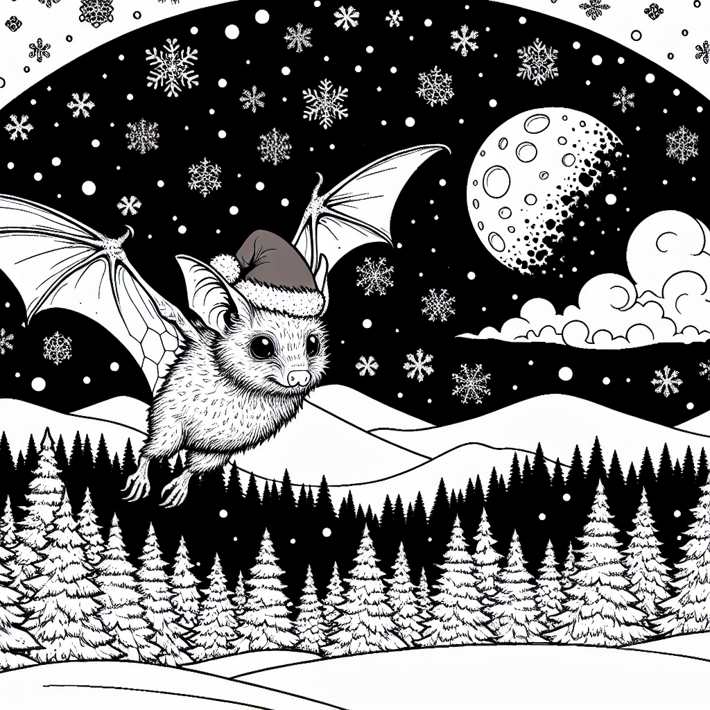 Bat in Santa hat flying in winter forest coloring page