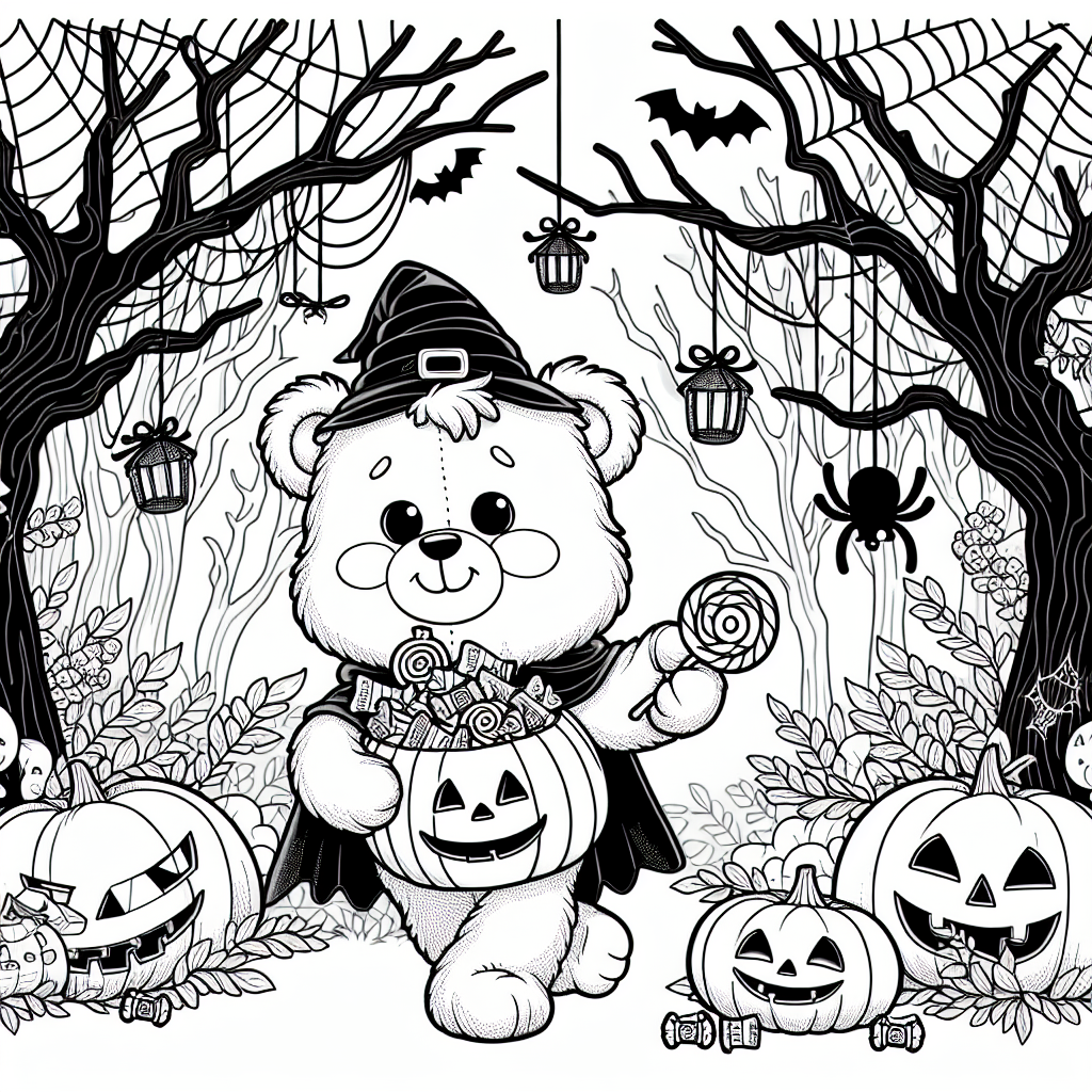 Black and white coloring page of a bear trick or treating in a haunted forest