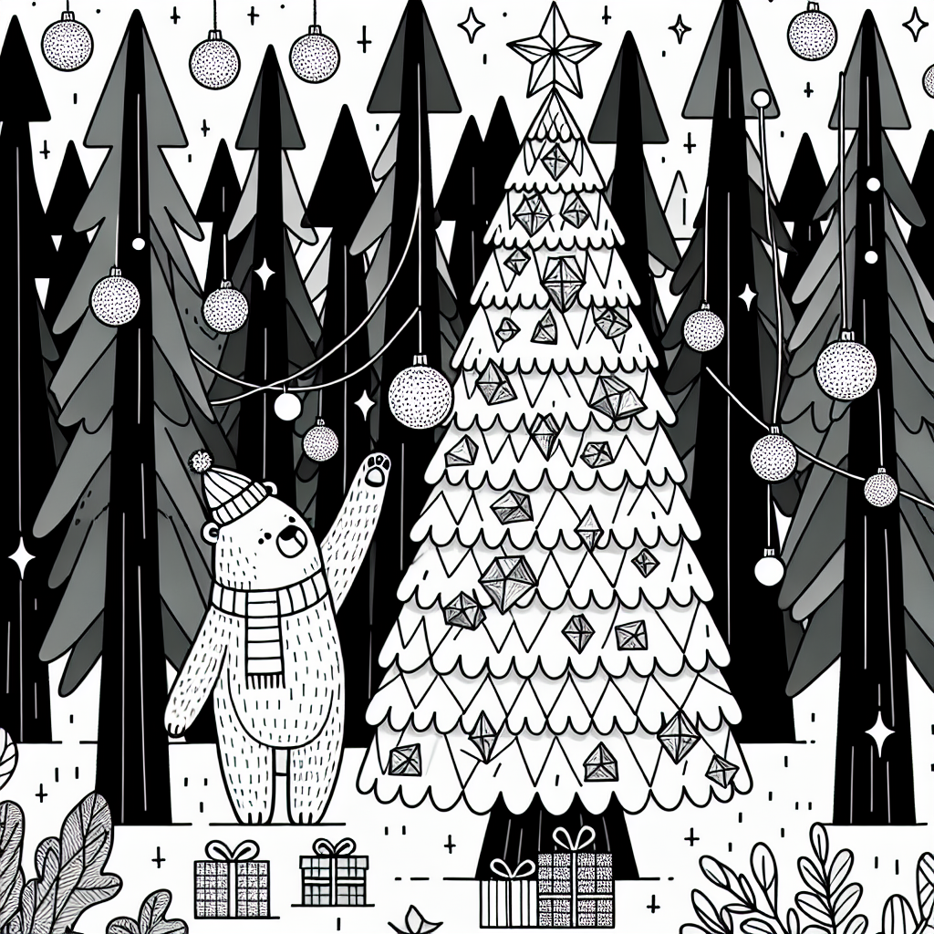 Black and white outline of a bear decorating a Christmas tree in a forest for a coloring page