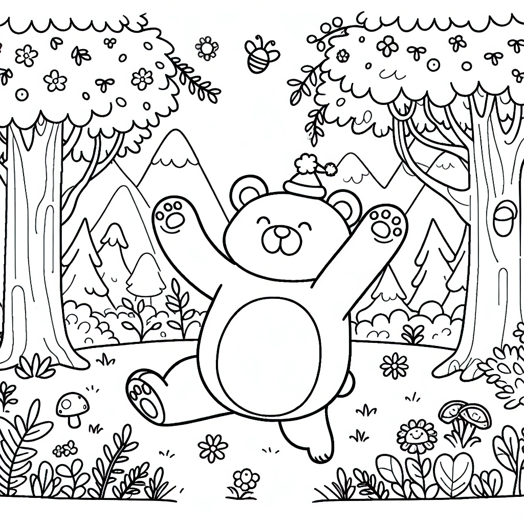 Illustration of a bear in a magical forest for coloring