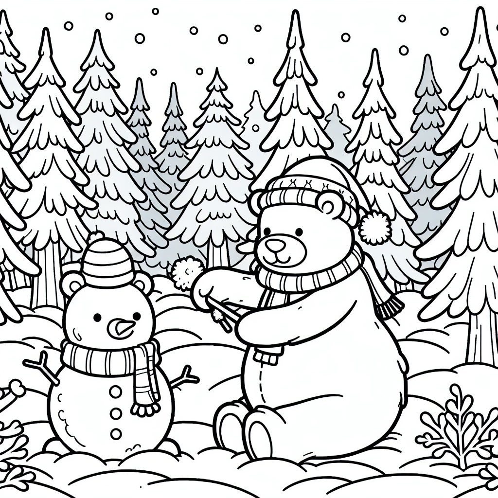 Black and white image of a bear building a snowman in a snowy forest, ready for coloring