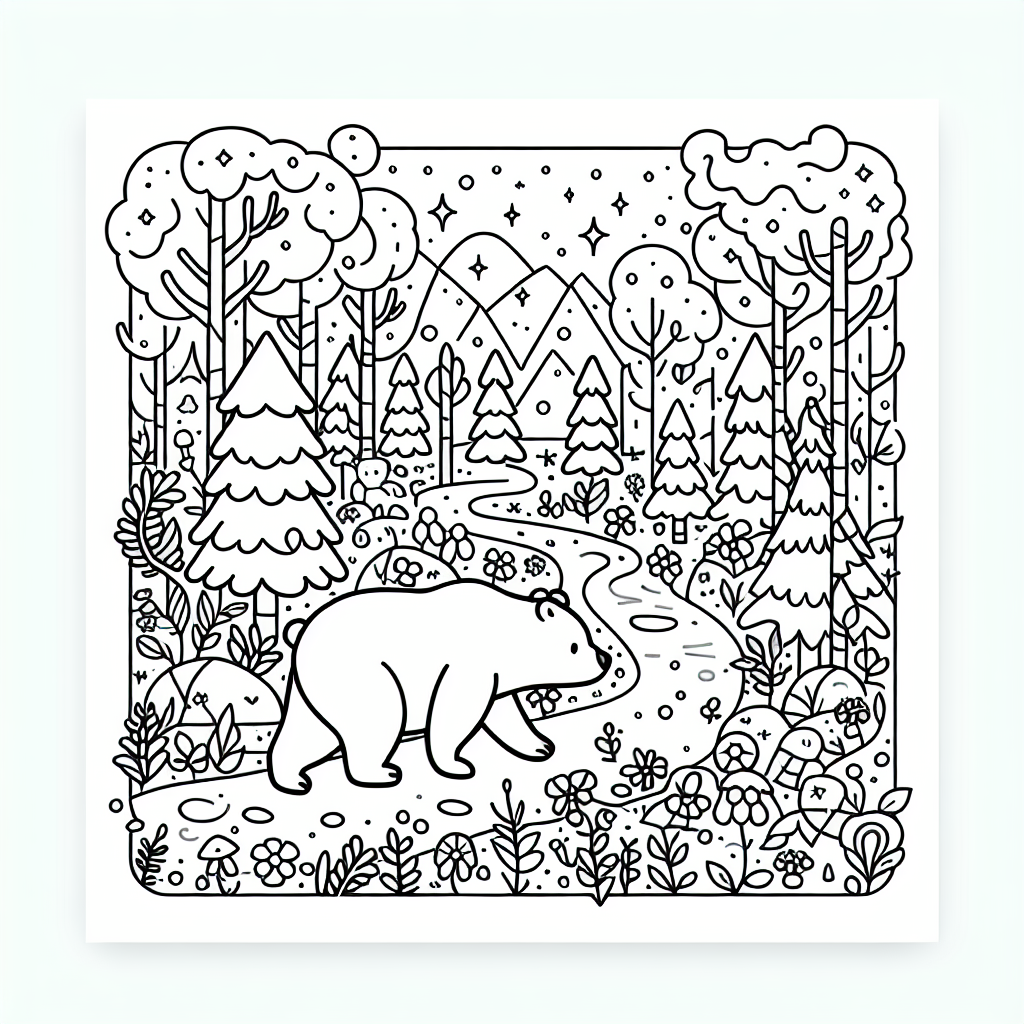 Black and white coloring page of a Bear in a magical forest