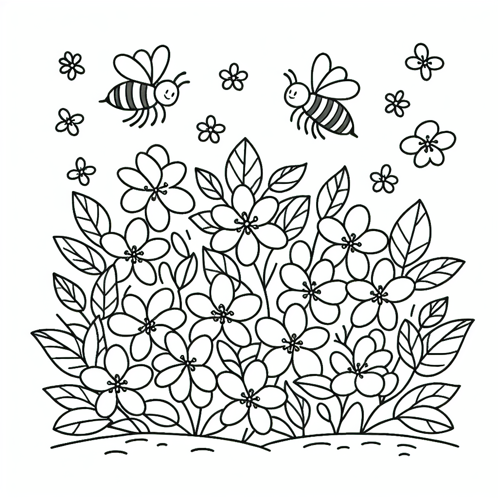 A black and white outline image of a bee in a garden full of jasmine flowers waiting to be filled with color