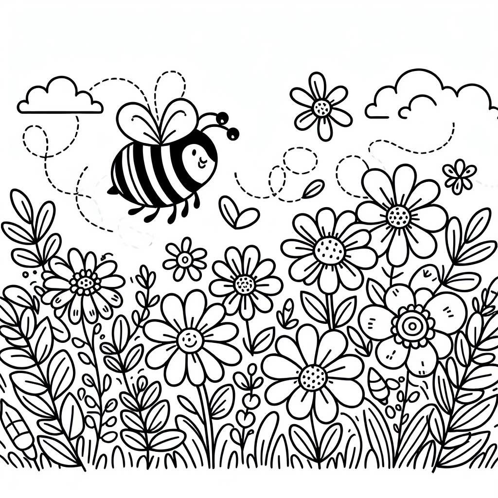 Sketch of a bee flying over a flower-filled field, perfect for coloring