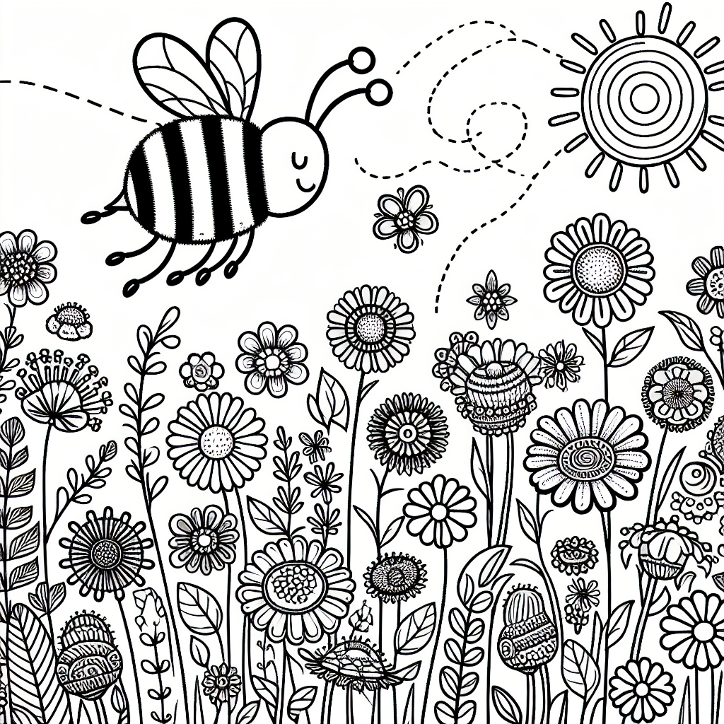 Black and white coloring line art of a bumblebee buzzing over a field full of flowers