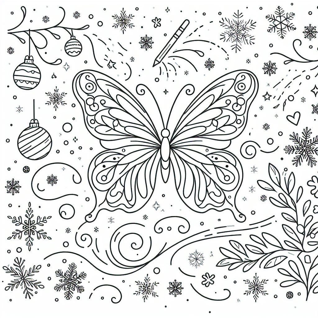 A black and white butterfly coloring page with winter and Christmas elements