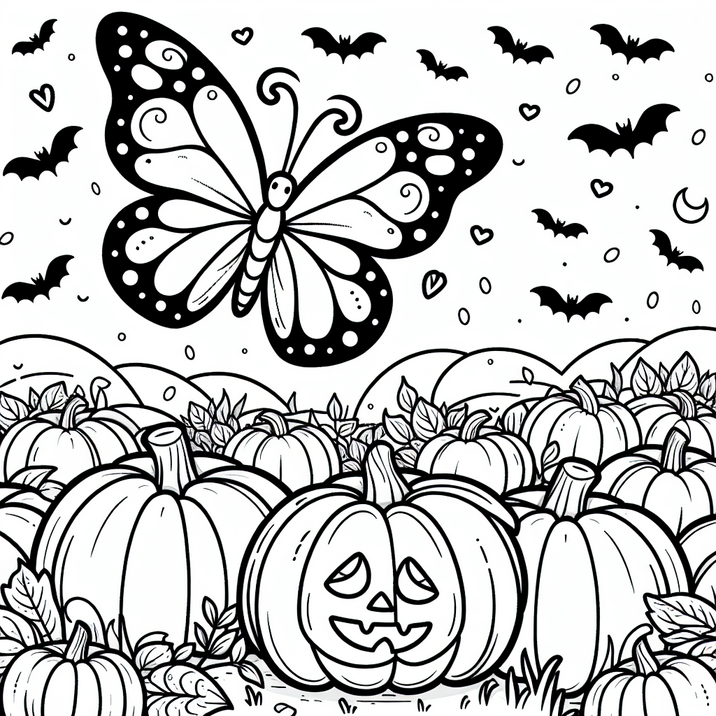 Coloring page of a butterfly hovering over a field of Halloween pumpkins