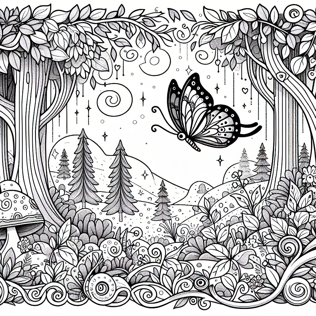 Butterfly flying in a magical forest coloring page