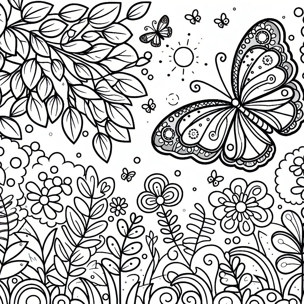 This image represents a butterfly in a peaceful garden coloring template.