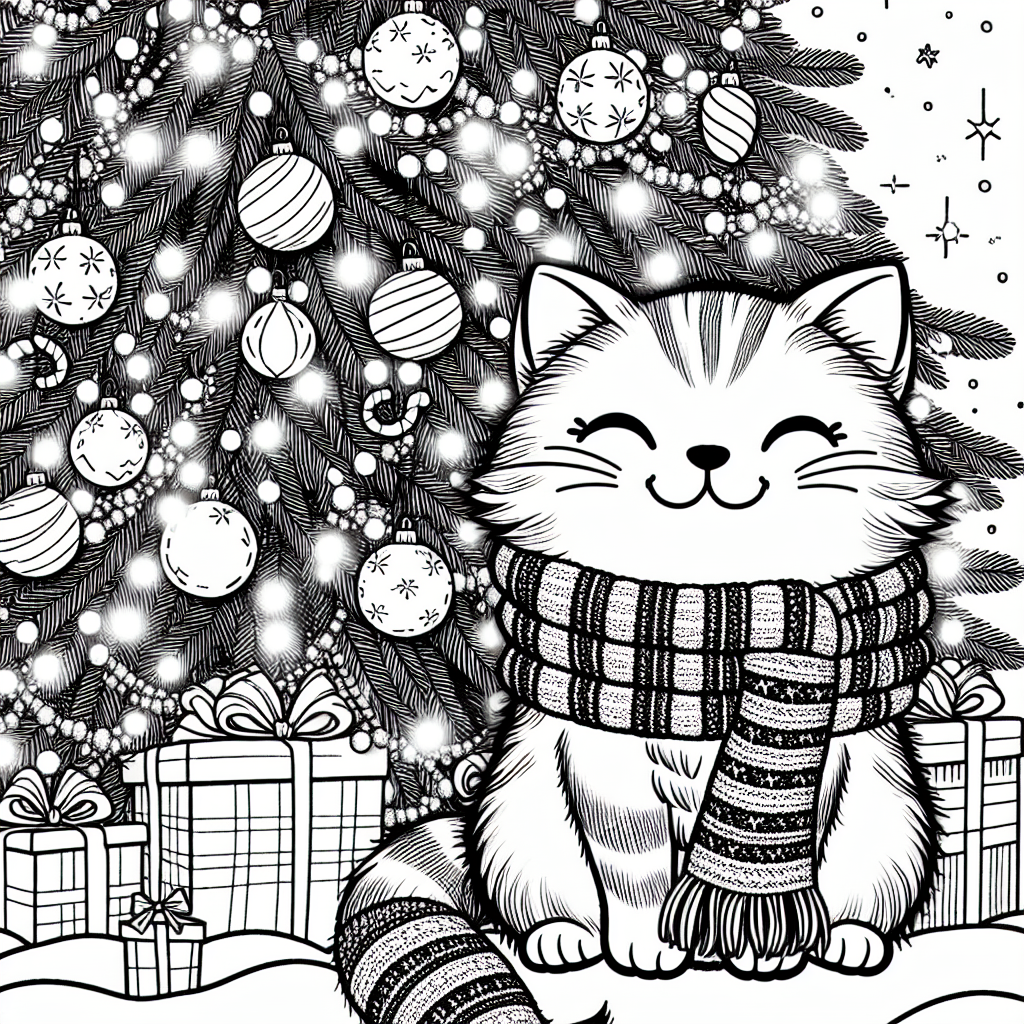 Black-and-white coloring template of a cat wrapped in a scarf in front of a decorated Christmas tree
