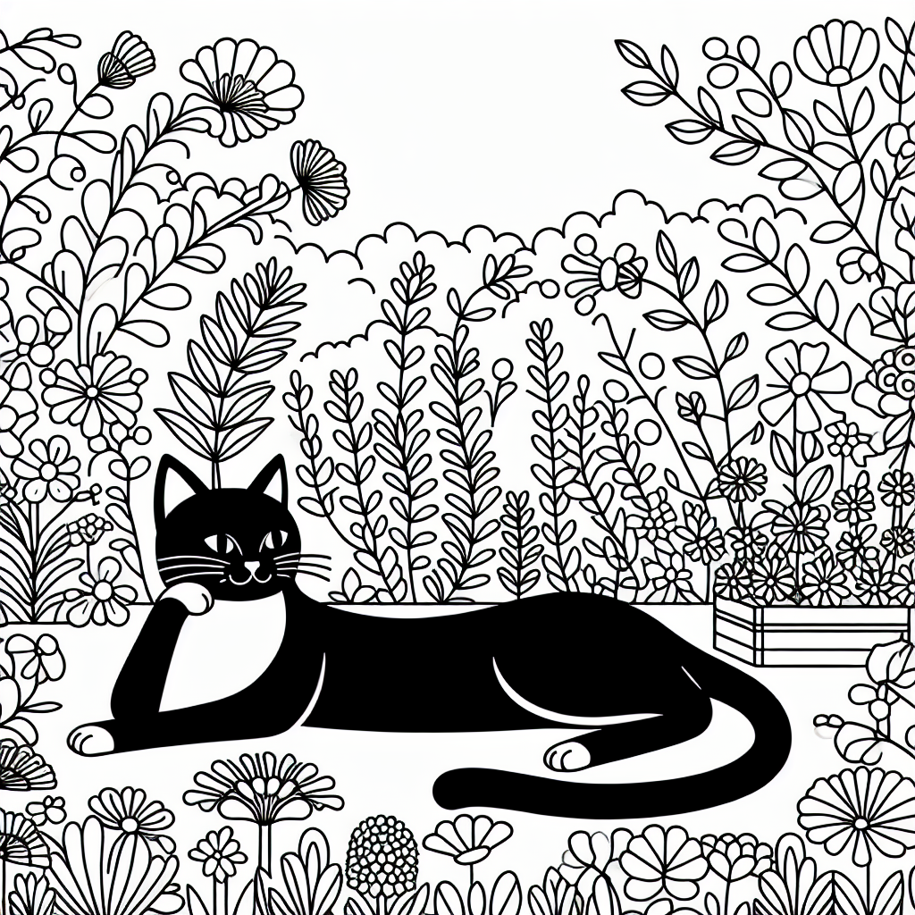 Black and white coloring page of a cat in a garden