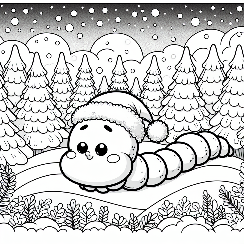 Caterpillar in a Santa hat coloring page with snowy Christmas tree landscape