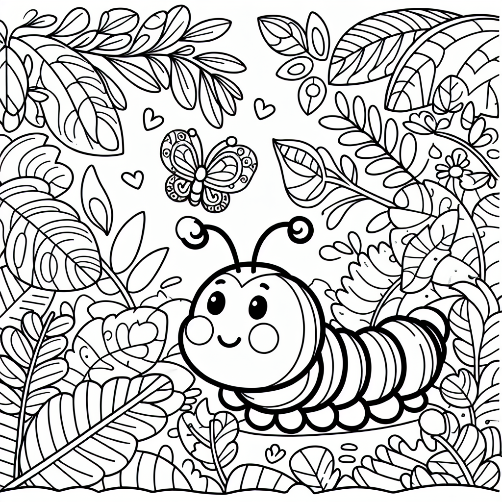 Line drawing template of a caterpillar traversing through a jungle of leaves