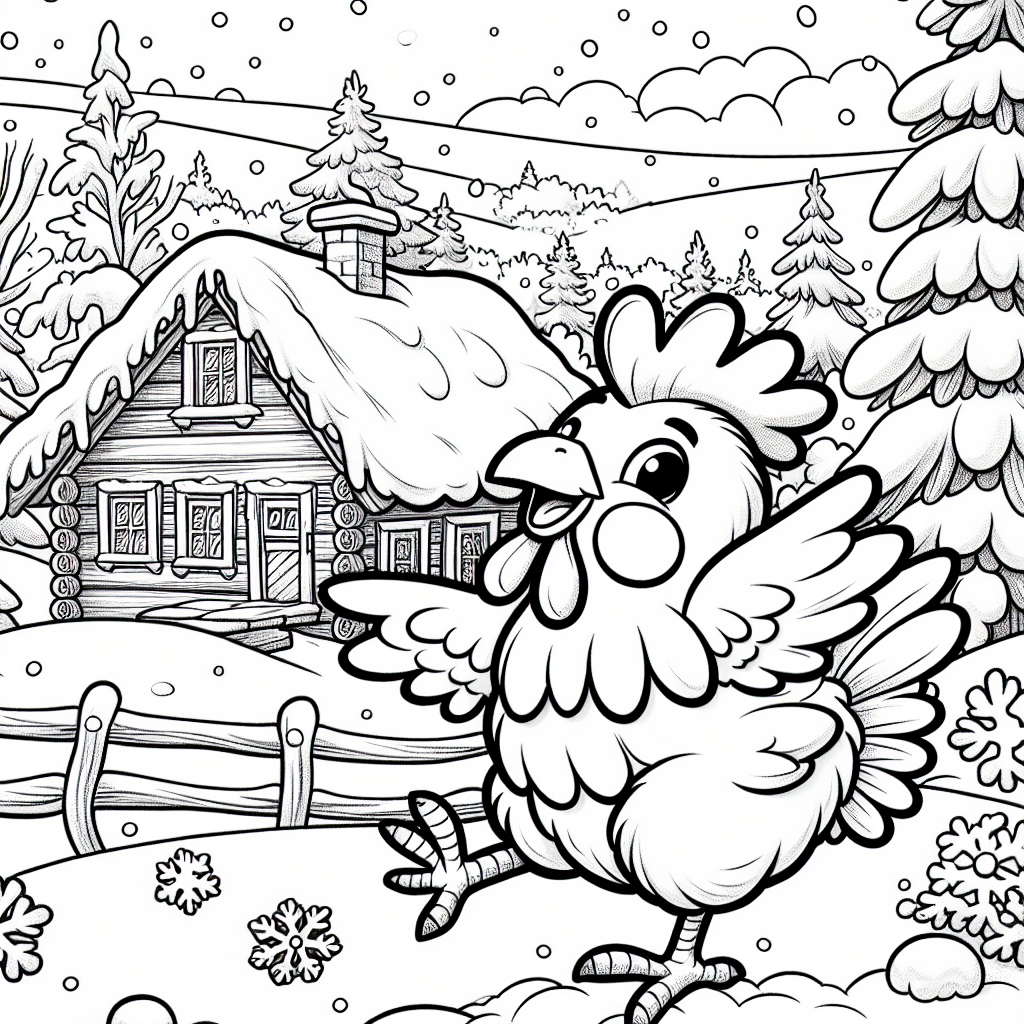 Coloring page of a chicken enjoying Christmas in a snowy winter landscape