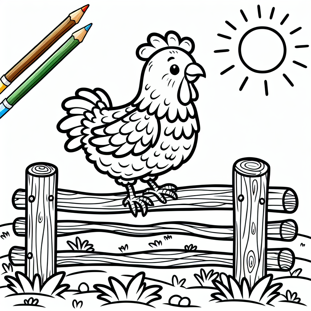 black and white coloring page of a chicken on a rustic fence under the sun