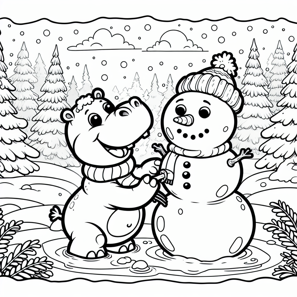 Outline drawing of a Hippo building a snowman in a snowy forest for kids to color