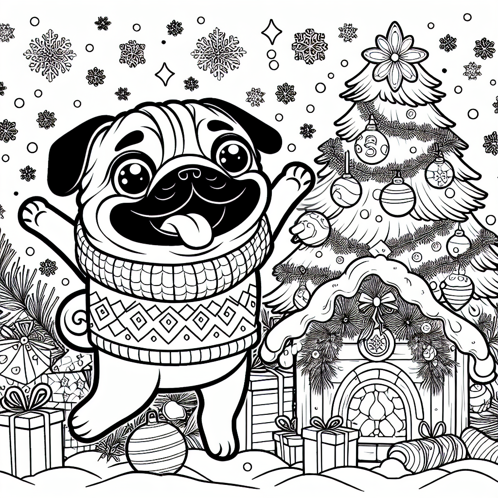Black and white pug coloring page with Christmas decorations
