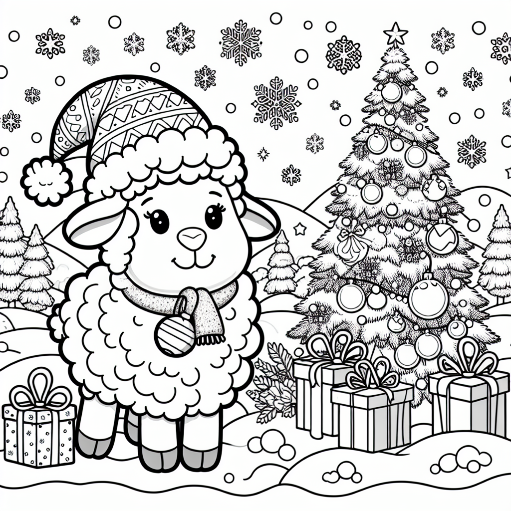 A black and white coloring page of a Christmas sheep in a snow landscape