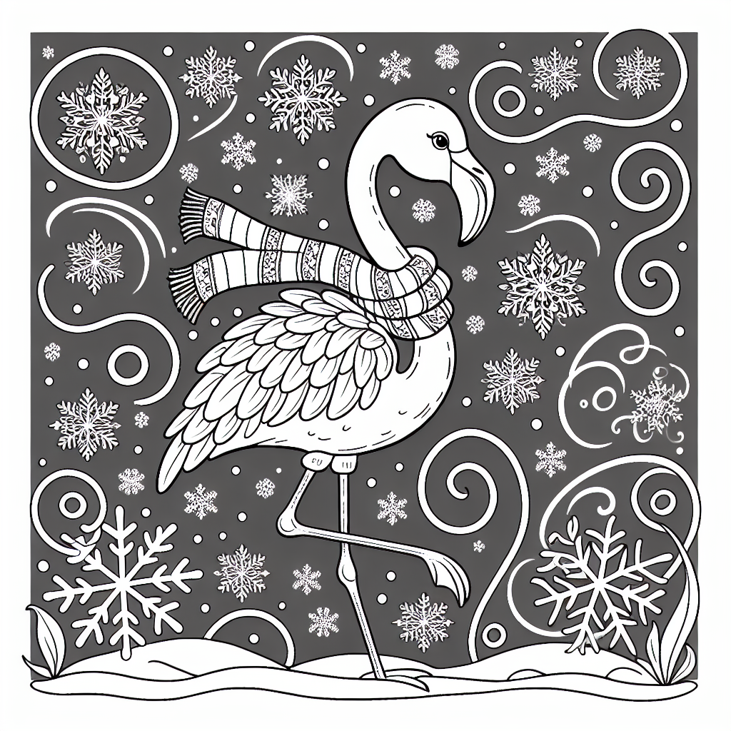 Black and white template of a Flamingo in a festive scarf amid snowflakes for kids to color