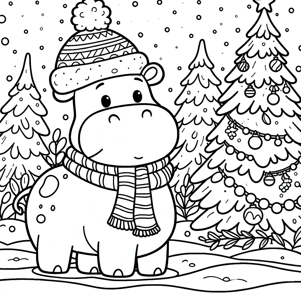 A black and white coloring page of a festive Christmas hippo