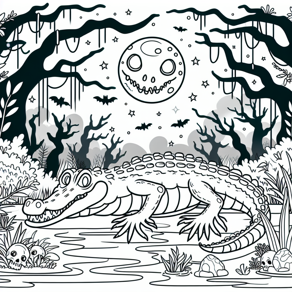 Halloween inspired crocodile coloring page featuring the mystical swamp