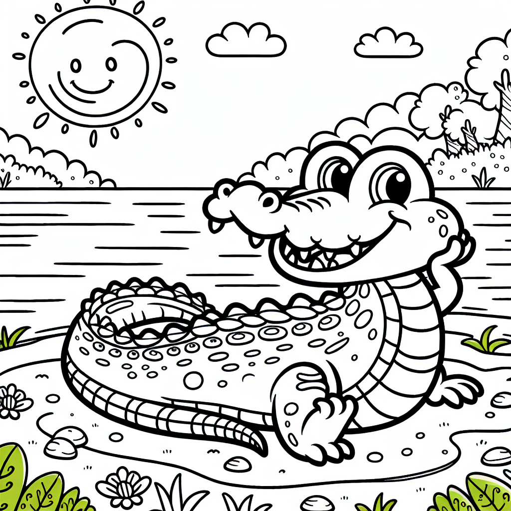 Sun-Dappled Crocodile Adventure - Free Coloring Page for Kids 1 Crocodile Riverbank Sunning Scene Template