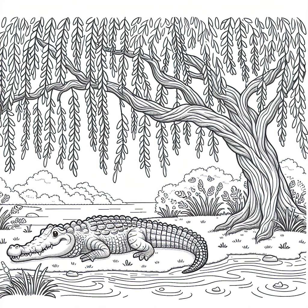 A downloadable coloring page with a crocodile relaxing on a riverbank under a willow tree, ready to be filled with your colors