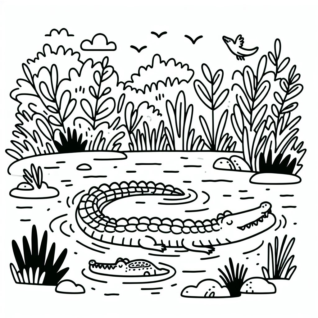 Black and white coloring page of a Crododile in a swamp