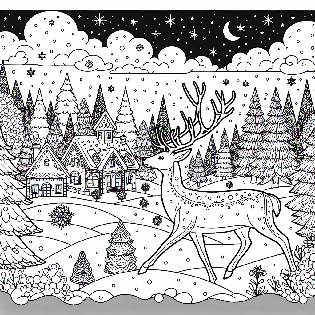 Deer in a winter Christmas village at night coloring page