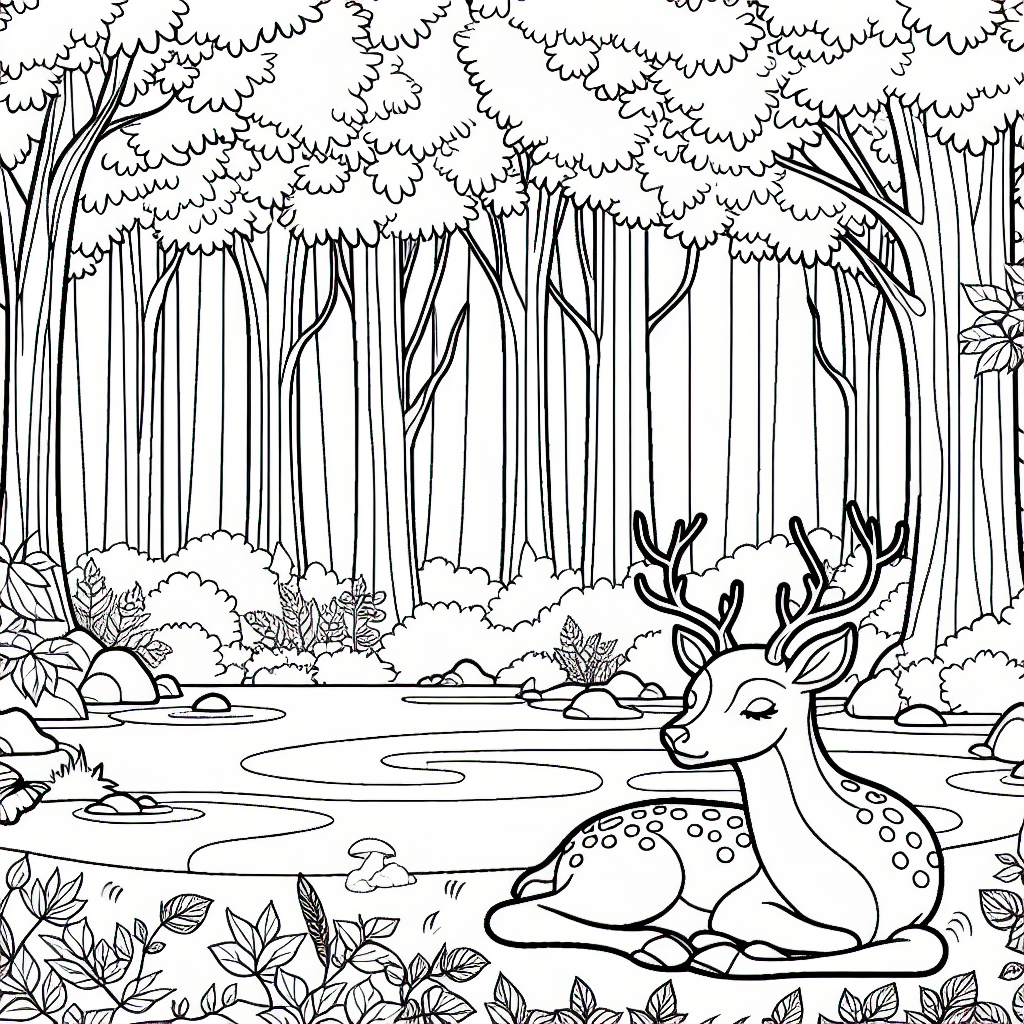 Black and white coloring page of a deer in a dense forest