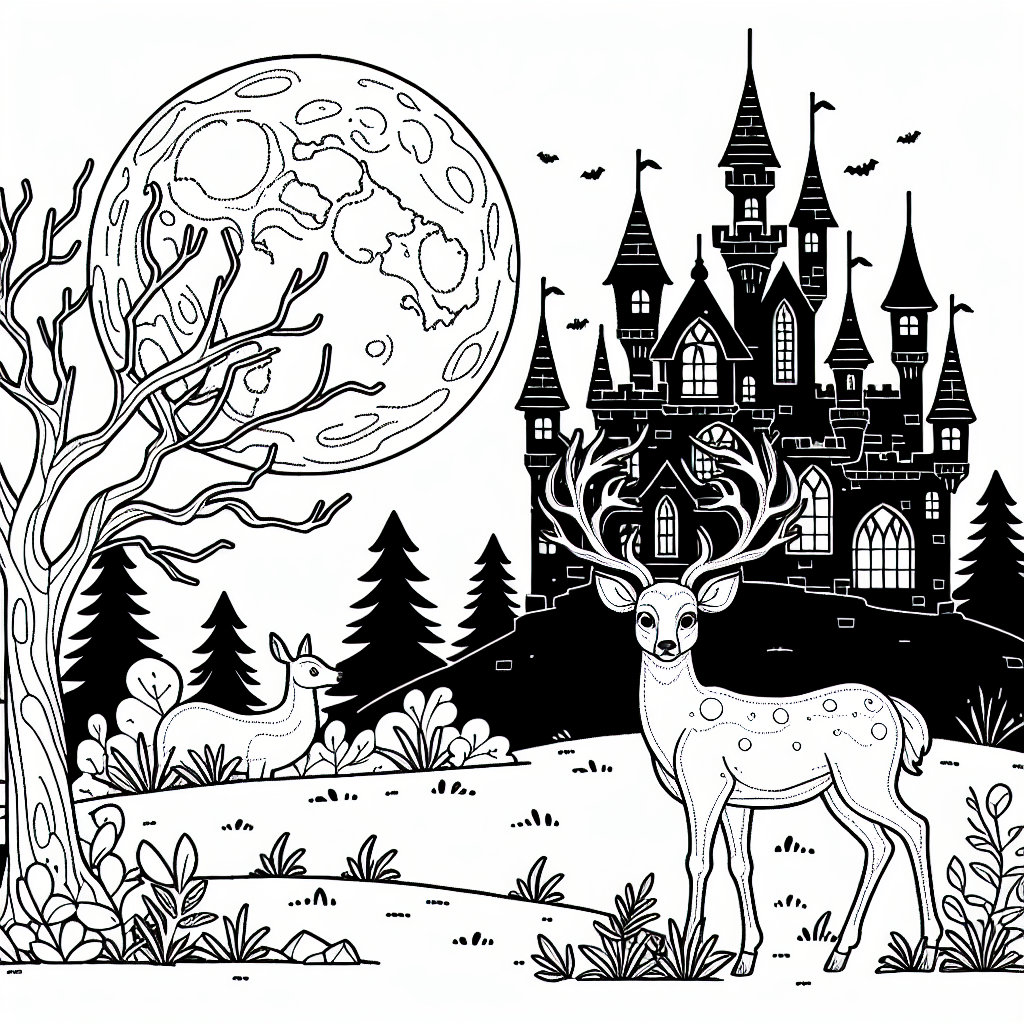 Black and white coloring page of a deer standing near a haunted castle under a full moon
