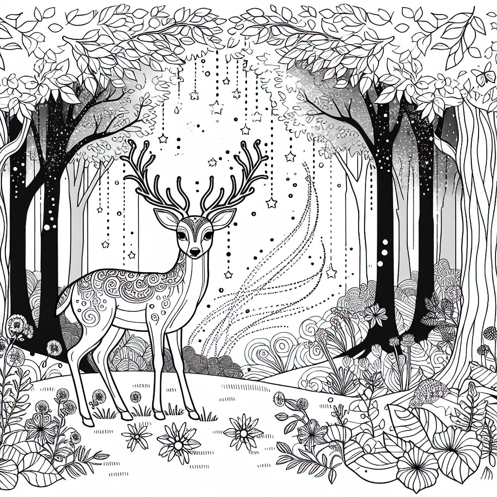 Deer coloring page in a magical forest, great for children's creativity and art skills