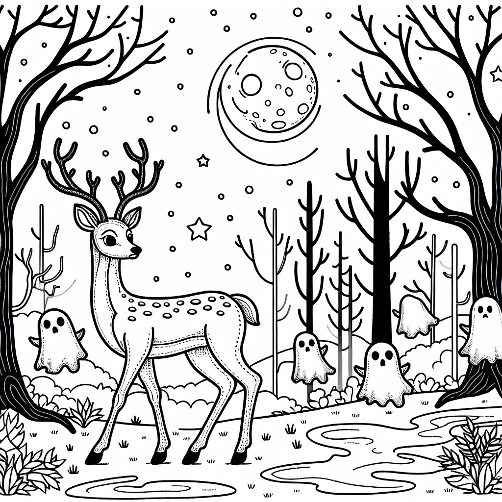Deer in a spooky forest with Halloween ghosts under a full moon black and white coloring page