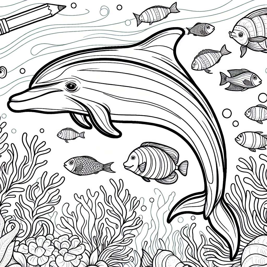 Black and white coloring page featuring a playful dolphin and variety of friendly fish