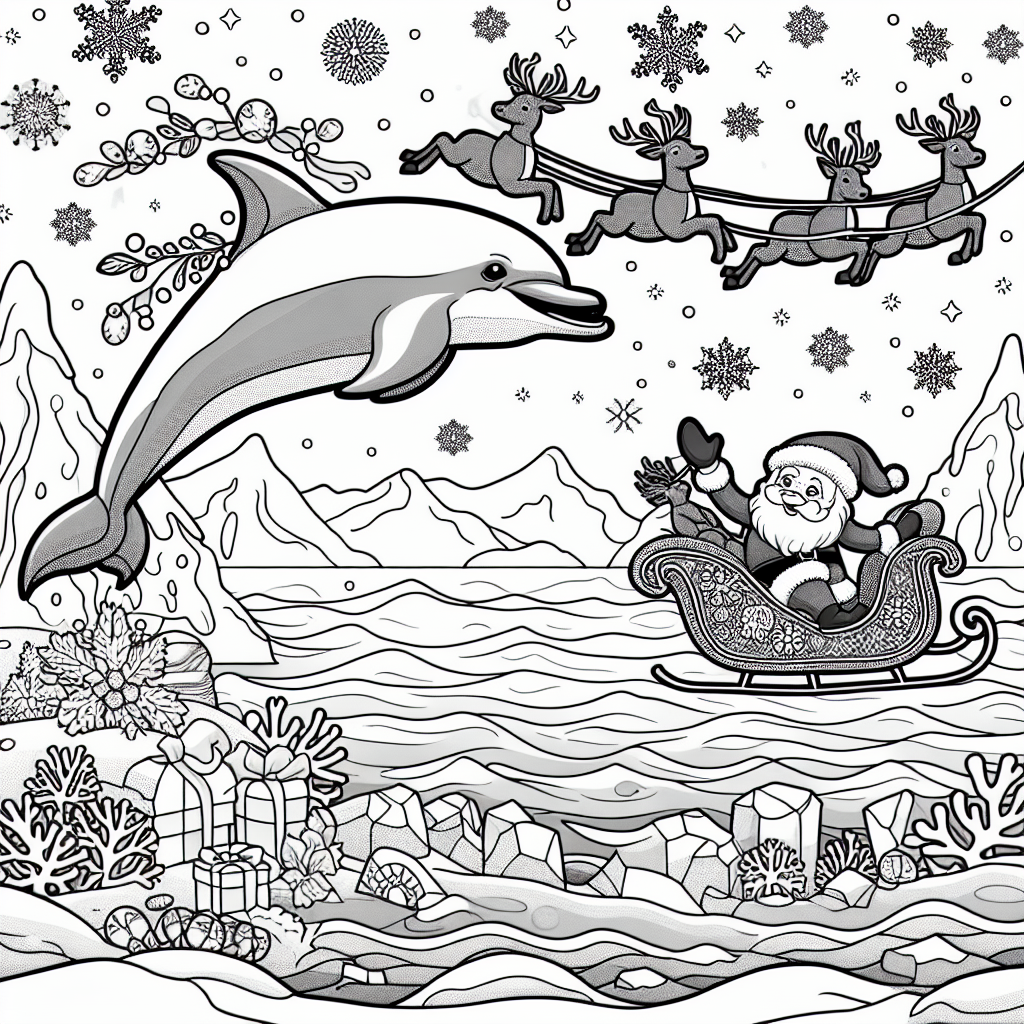 Kids coloring page featuring a smiling dolphin jumping over a winter ocean with Santa and reindeers on a sleigh in the background