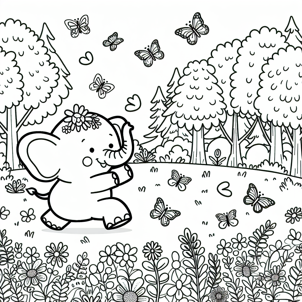 Elephant coloring page template with butterflies in a forest