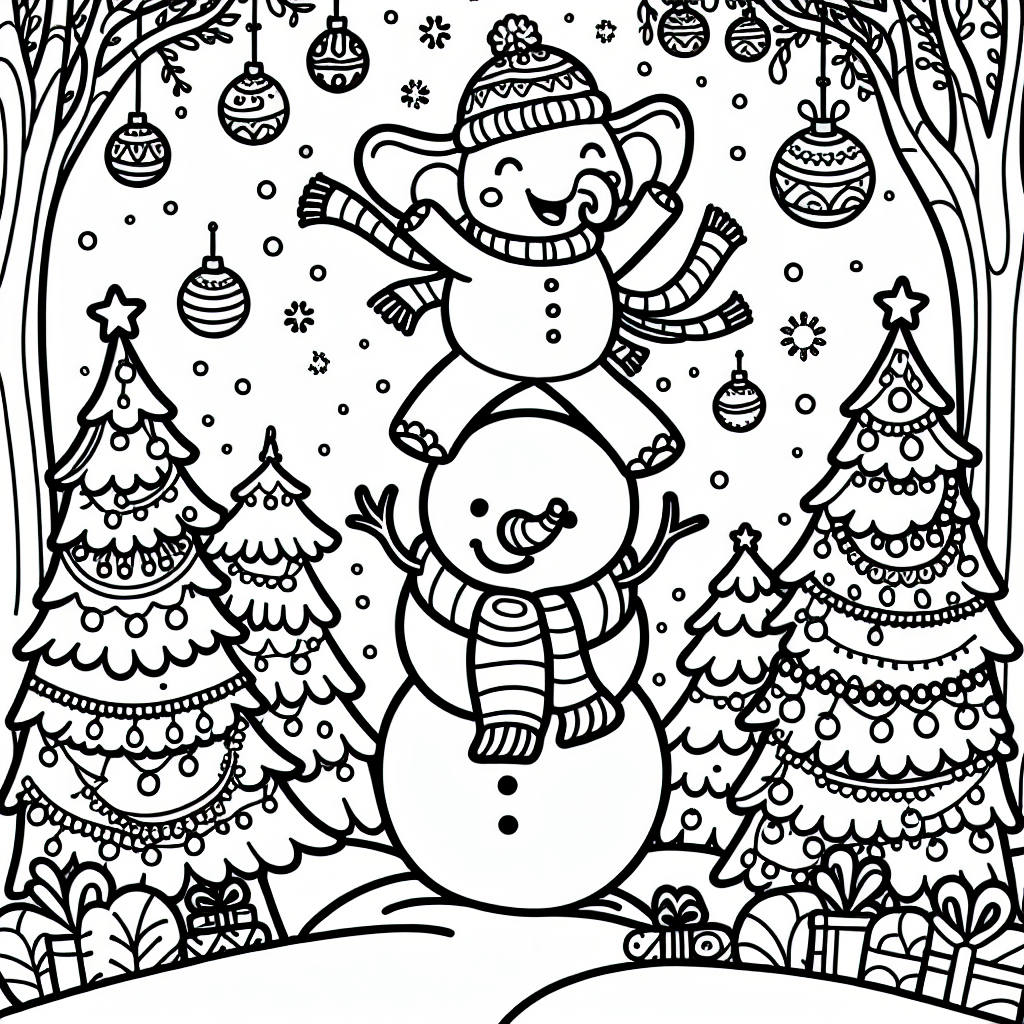 Black and white coloring page of an Elephant making a snowman in a Christmas decorated forest