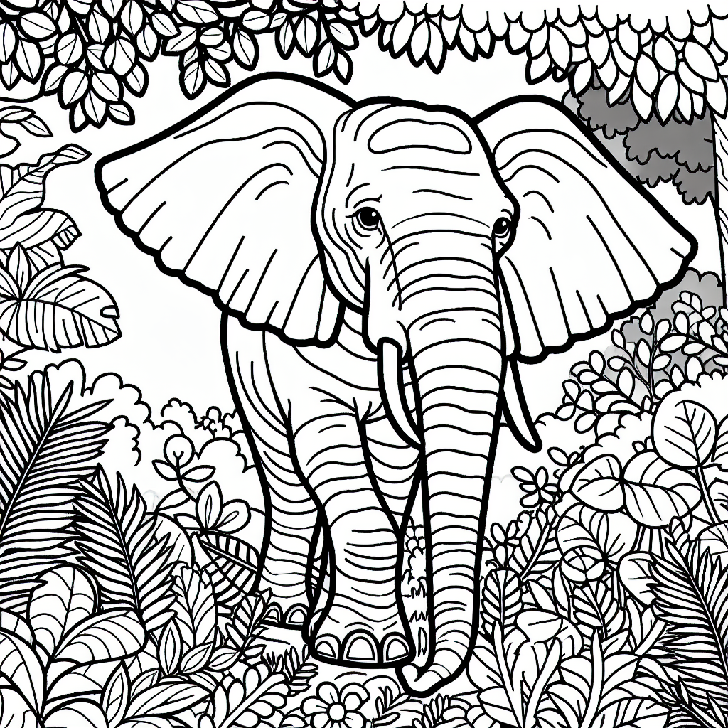 Elephant Coloring Page set against a dense Jungle Background