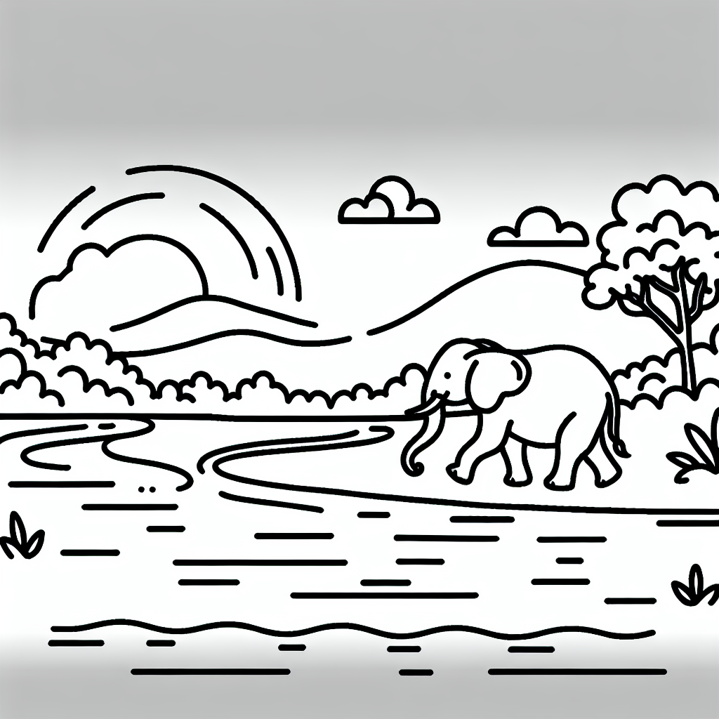 Line drawing of an elephant strolling by a river, perfect for coloring