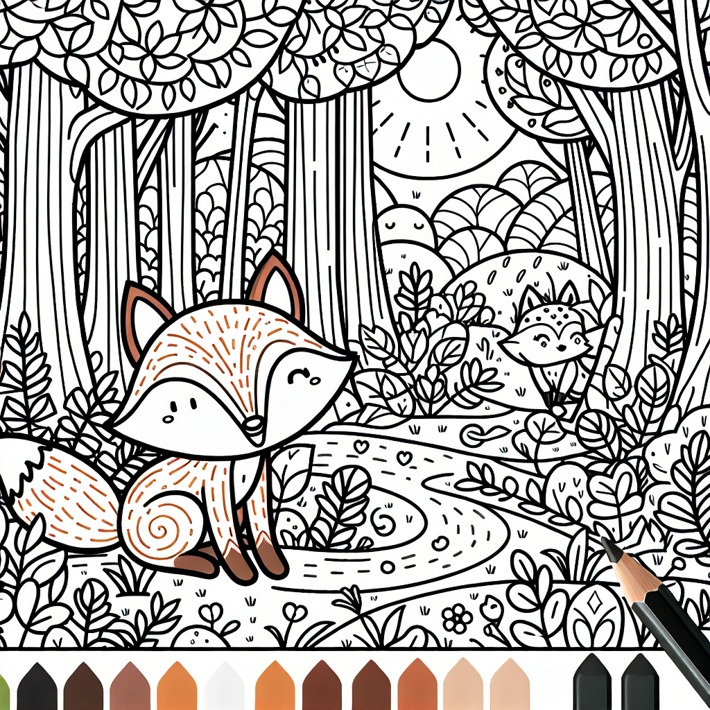 Fox in a magical forest coloring template