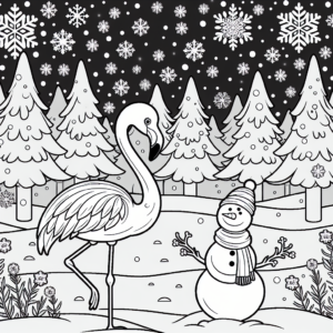 Black and white flamingo coloring page template with a winter wonderland theme