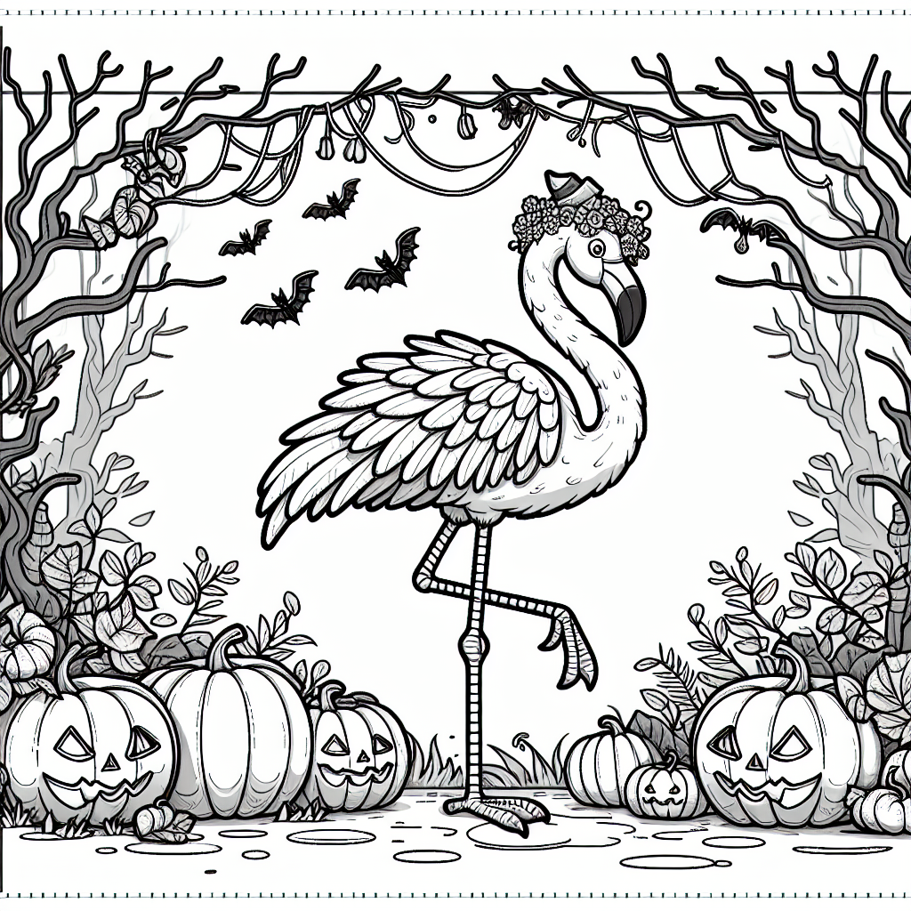 Halloween themed flamingo coloring page featuring pumpkins and spooky trees