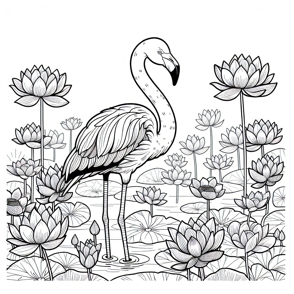 Black and white coloring template of a flamingo in a lotus field