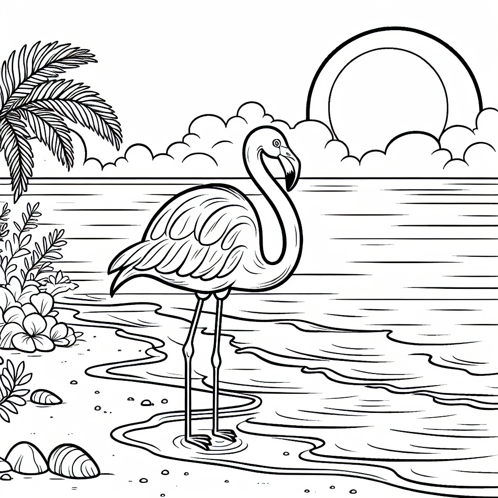 Black and white coloring page of a Flamingo by the shoreline at sunset