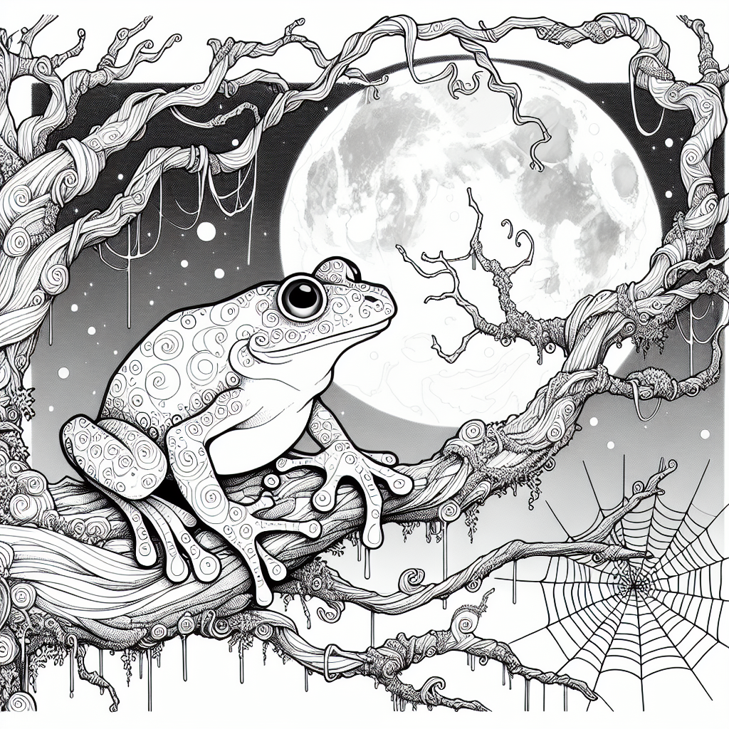 Children's coloring page featuring a frog on a haunted moonlit tree during Halloween