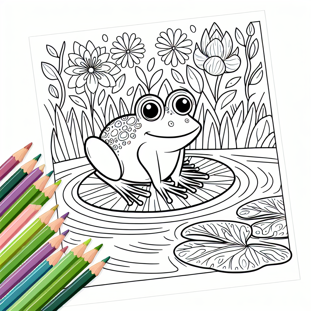 black and white frog on lily pad coloring page