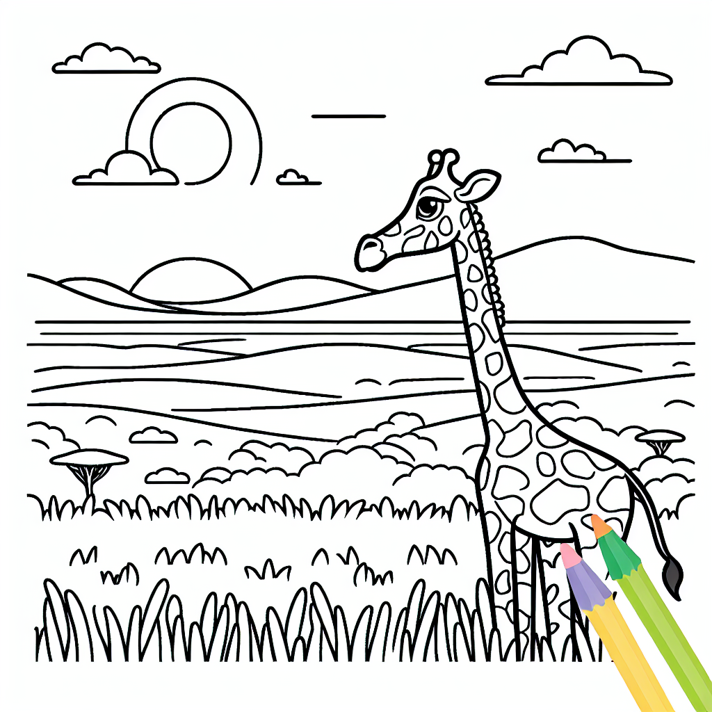 A black and white outline of a giraffe looking out across the Serengeti plains, perfect for coloring