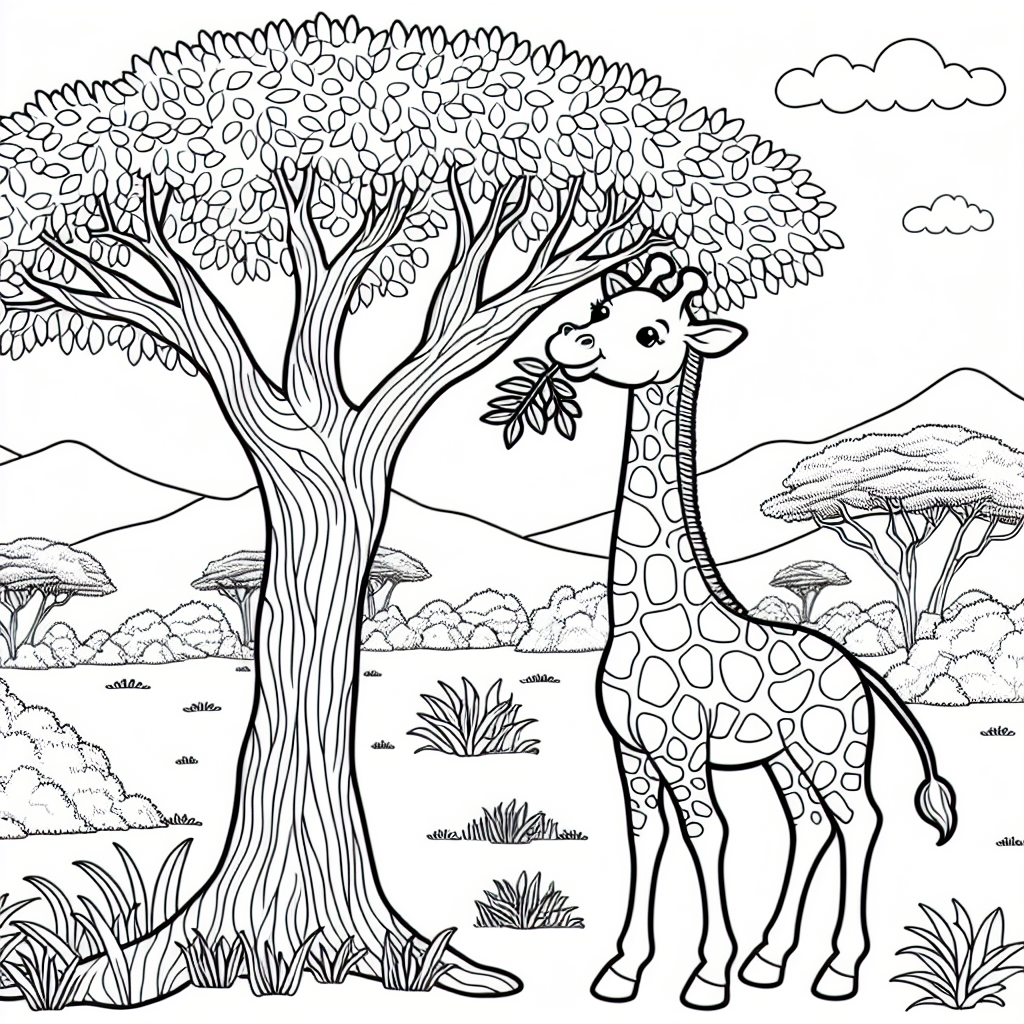 Printable black and white coloring page depicting a giraffe and a tree in the savannah