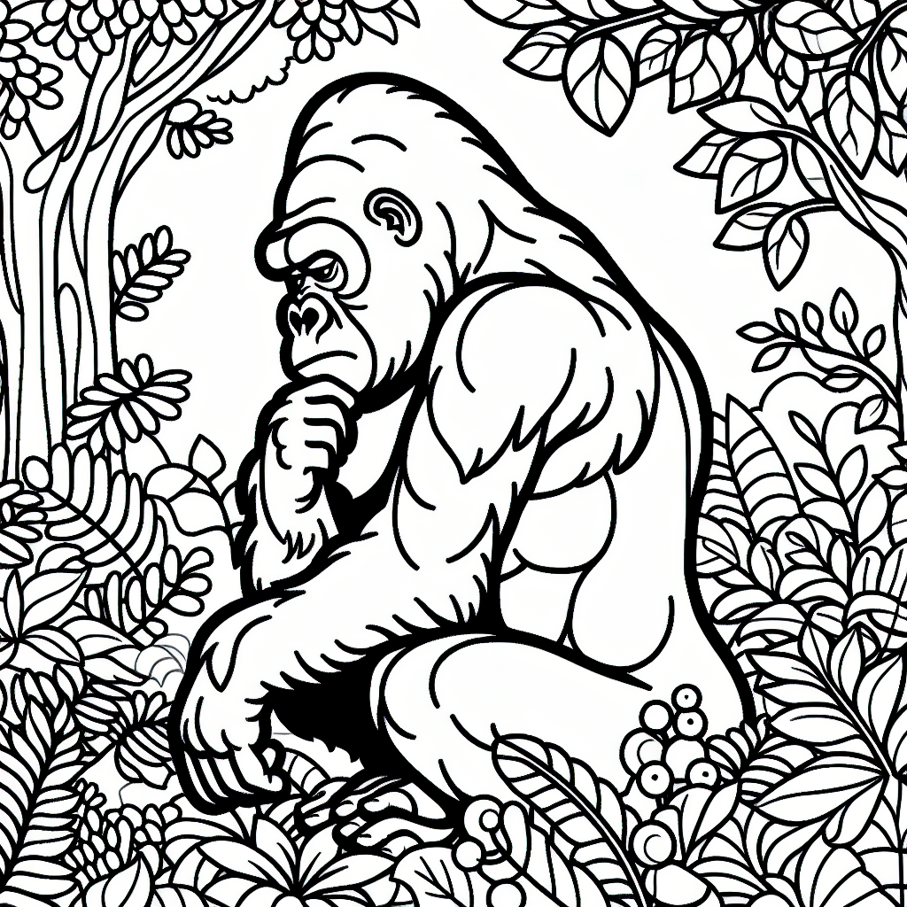 Line drawing of a gorilla contemplating in the jungle ready to color